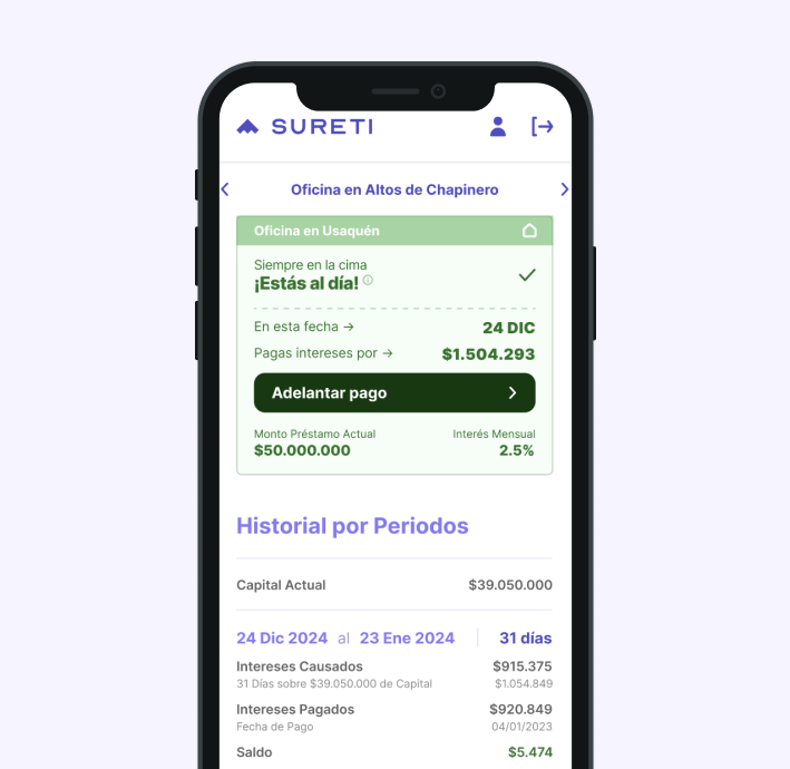 Video mostrando la plataforma para clientes Sureti, donde pueden tener el control total del prestamo, sus pagos y soporte del producto.