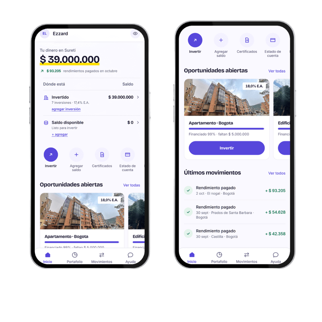 La app de Sureti: a la izquierda, el inicio con el dinero invertido y el saldo disponible; a la derecha, oportunidades abiertas y últimos movimientos